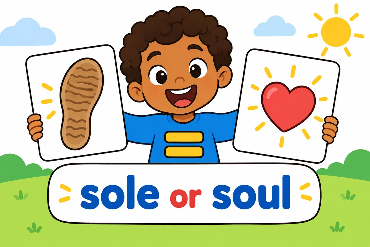 Two cartoon cards, one showing a single shoe and one showing a glowing heart, carry the words sole and soul.