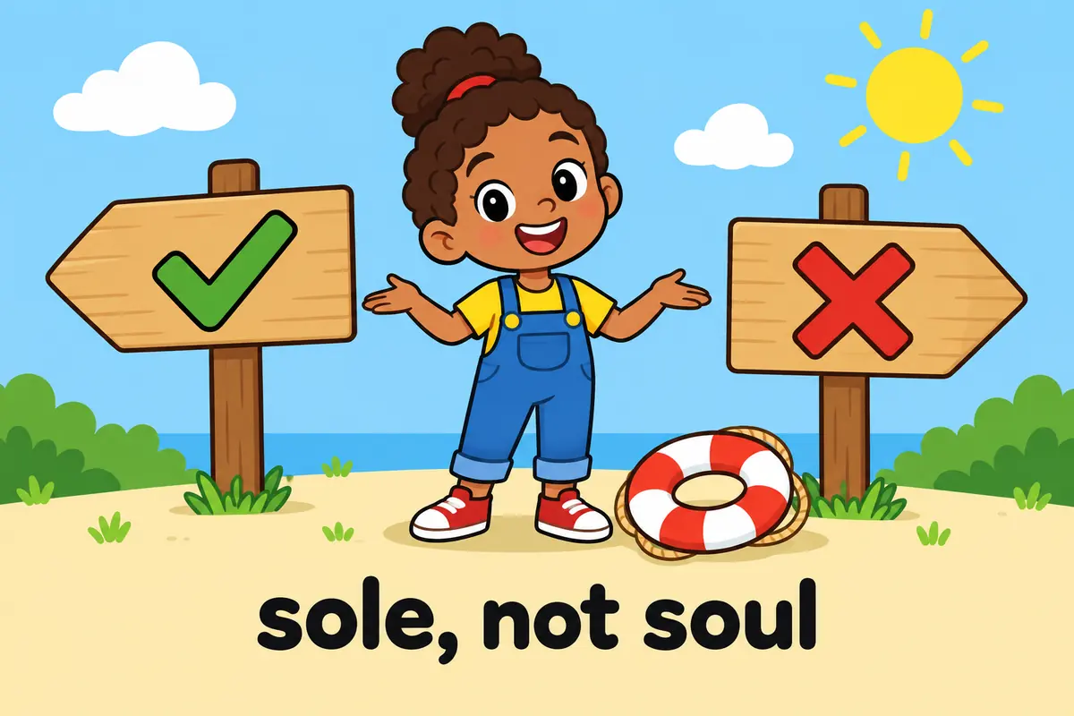 A cartoon child points to a correct sign reading sole survivor while a crossed sign reads soul survivor.
