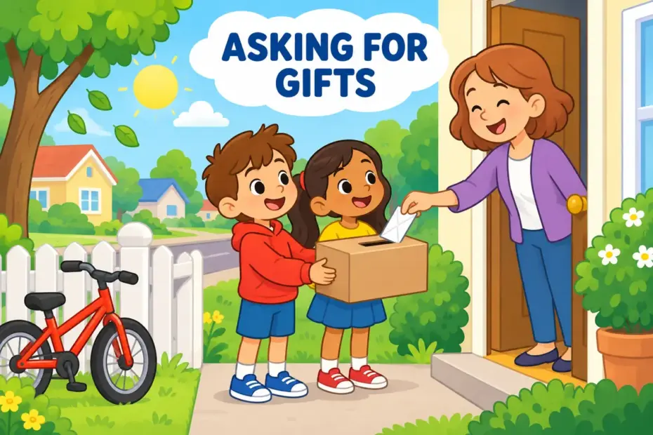 Cartoon children carry a collection box to neighbours, showing solicit in a sentence as an organised request for donations.