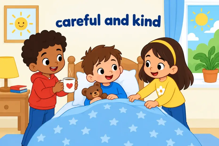 Cartoon children bring a blanket and a mug to a friend, showing solicitous in a sentence as attentive care