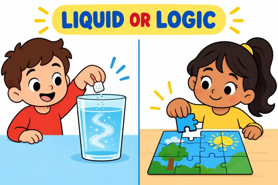 Cartoon split scene shows sugar soluble in a glass beside a solvable jigsaw puzzle, teaching soluble vs solvable.