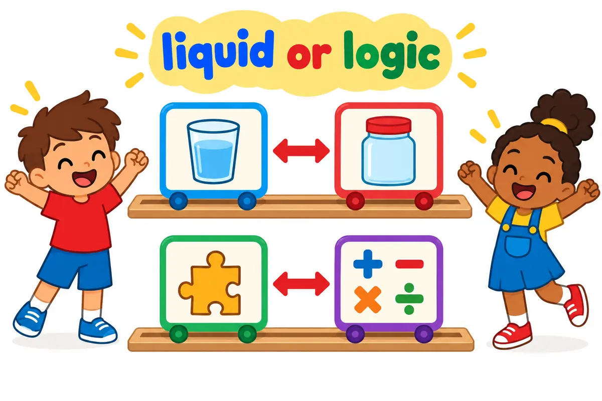 Cartoon cards show a water glass pairing with soluble and a puzzle piece pairing with solvable on a two-track board.