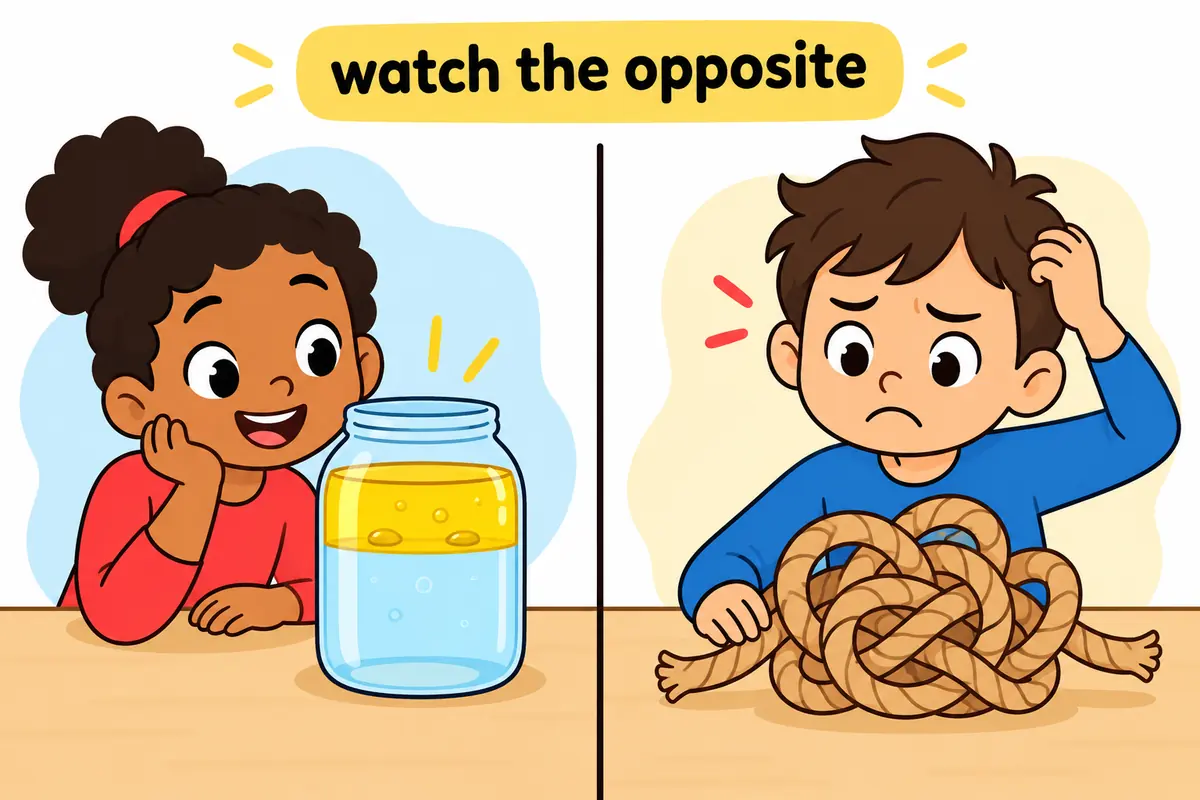 Cartoon split scene shows oil refusing to mix with water beside a tangled knot labelled as a problem.