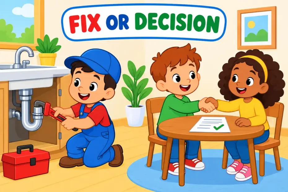 A cartoon scene contrasts a plumber fixing a pipe with neighbours settling a dispute, showing solution vs resolution.