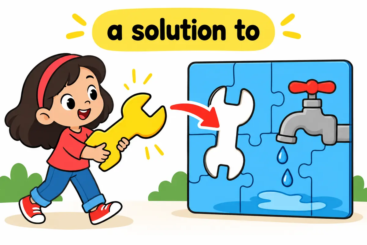 Three cartoon cards show a problem slotting into a gap after the words a solution to.