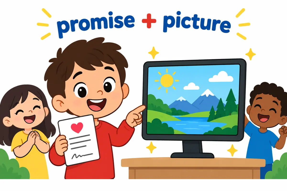 A cartoon child holds a signed club pledge beside a screen showing a sharp, clear picture.