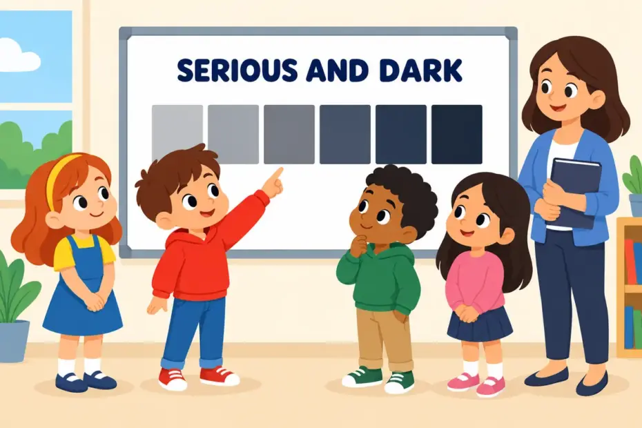 Cartoon pupils stand quietly before a grey wall of paintings, showing somber in a sentence as a serious, dignified mood.