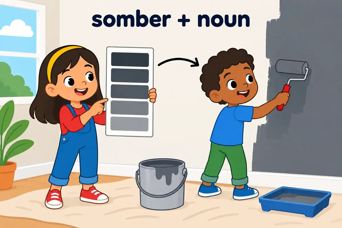 A cartoon child paints a wall in dull grey shades beside a large colour swatch, showing the somber plus noun pattern.