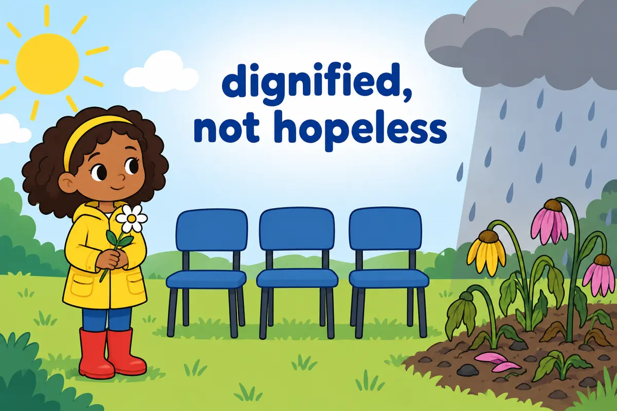 A cartoon single continuous scene contrasts a calm child standing respectfully at a quiet ceremony with a rain cloud over a wilted garden.