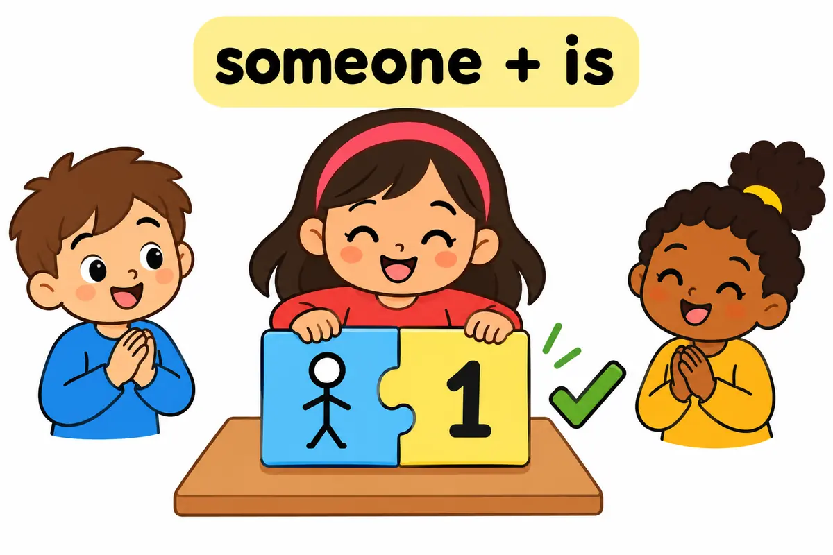 A cartoon board shows someone paired with is and somebody paired with has, teaching singular agreement.