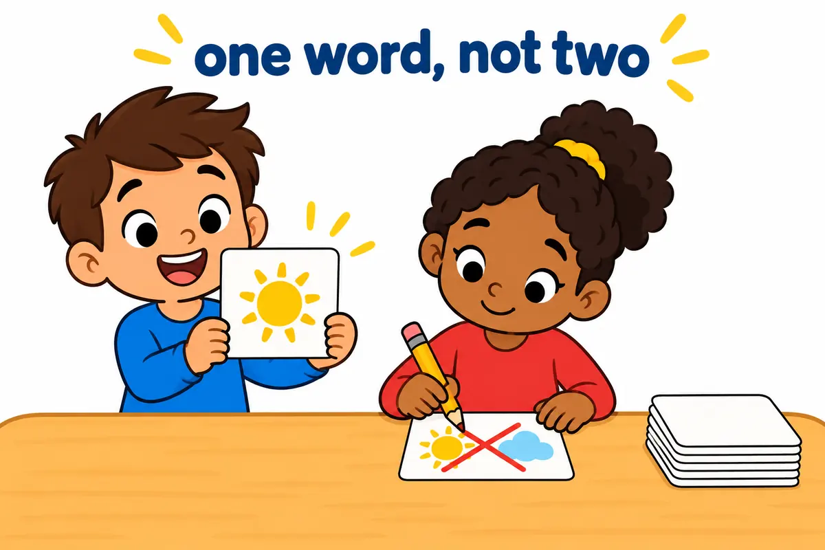 A cartoon sign shows someone written as one word beside a crossed-out two-word version some one.