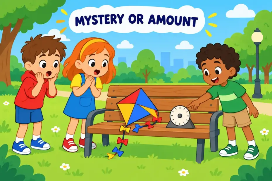 Cartoon children find a lost kite with no clear explanation, illustrating somehow vs somewhat as method versus degree.