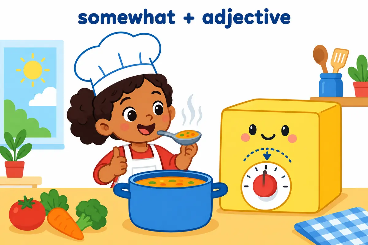 A cartoon chef tastes a soup and points to a small measuring dial beside a salt shaker, showing somewhat before an adjective.