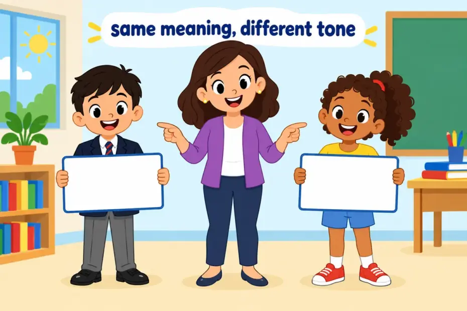 Cartoon children hold up two signs reading someone and somebody, showing the someone vs somebody choice as one of tone.