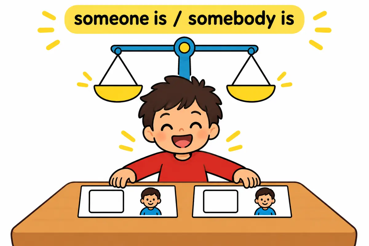 Cartoon children complete two identical sentence strips, one using someone and one using somebody, with the same verb.