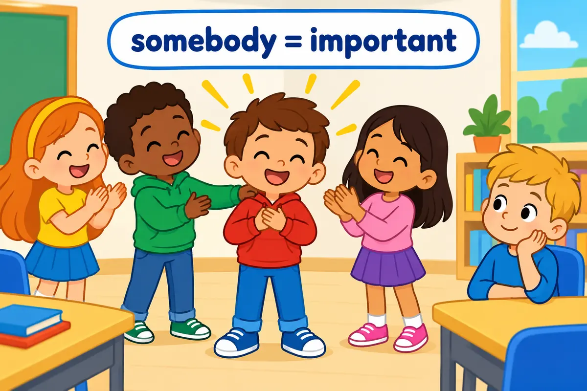 A cartoon child is congratulated by classmates while a second child listens without fuss.
