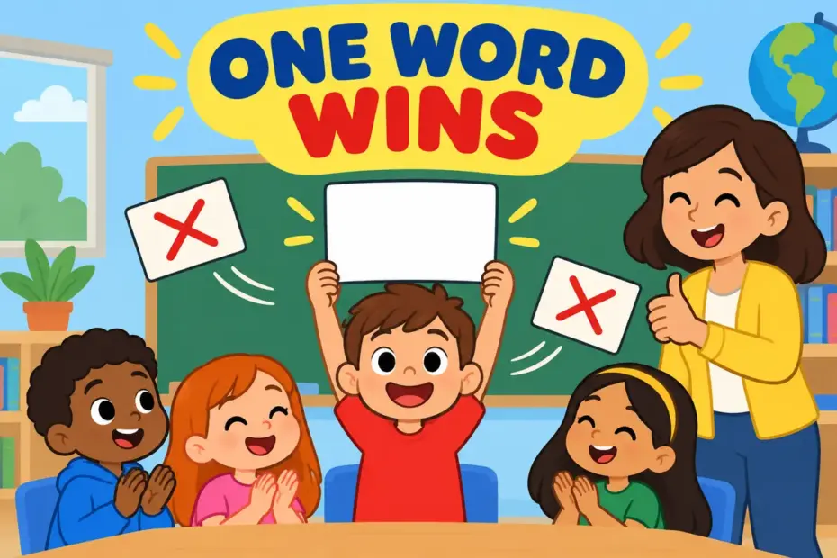 A cartoon child holds one bright card while two blank cards drift away, showing something vs some thing written as one word.