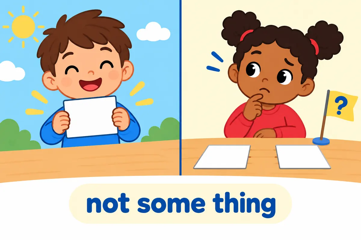 A cartoon split scene contrasts one tidy word card with two separate blank cards on a table.