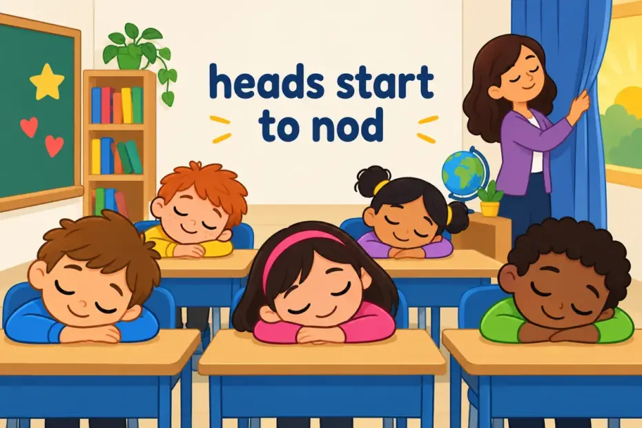 Cartoon pupils rest their heads on desks in a warm, quiet classroom, showing somnolent in a sentence as shared drowsiness.