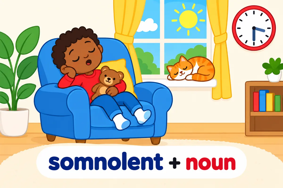 A cartoon cat and child both doze beside a window in the afternoon sun, showing somnolent before a noun.
