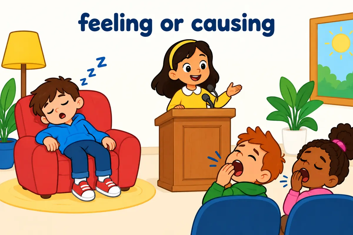 A cartoon single scene contrasts a dozing child with a droning speaker whose speech sends the audience to sleep.