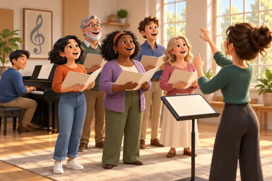 A choir rehearses a song together.