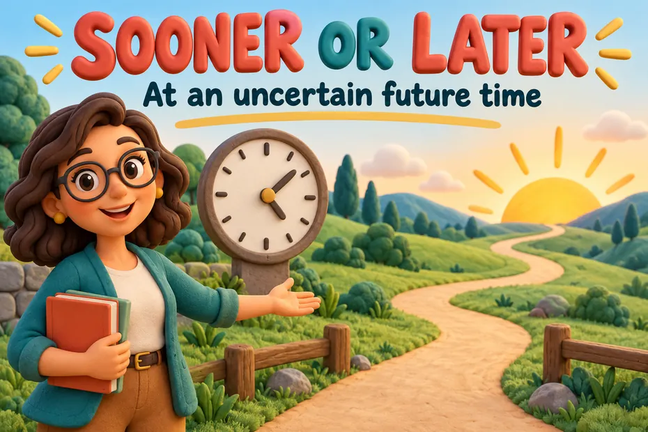 Sooner or later means at an uncertain future time.