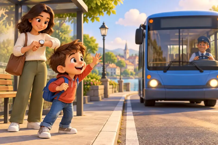 A child notices a bus arriving while another person checks a watch.
