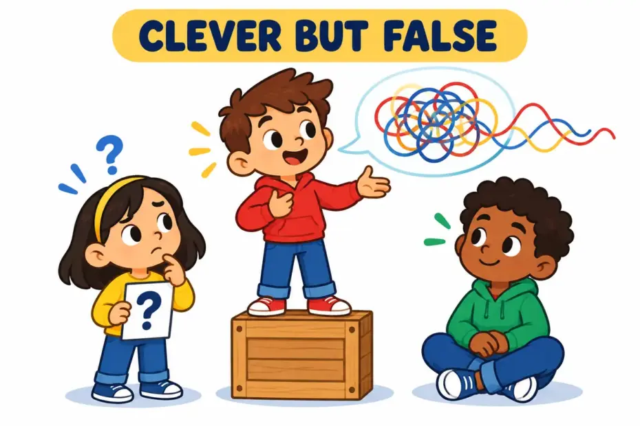 Cartoon children hold up two different signs as a sly speaker talks, showing sophistry in a sentence as deceptive argument.