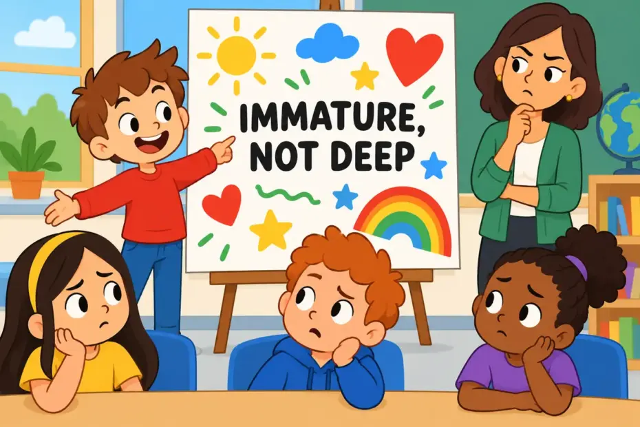 Cartoon classmates look politely puzzled at a boy's overblown poster, showing sophomoric in a sentence as false depth.