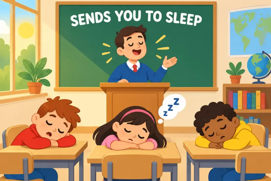 Cartoon pupils grow sleepy in a warm classroom while a droning speaker talks, showing soporific in a sentence as a sleep-inducing cause.