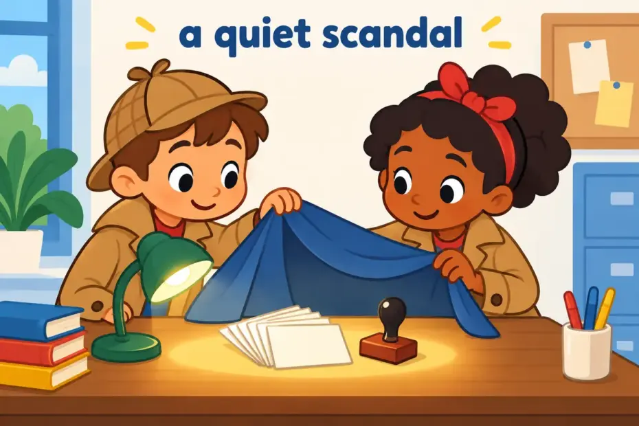 Cartoon detectives lift a cloth from a desk of hidden note cards, showing sordid in a sentence as a disreputable secret.