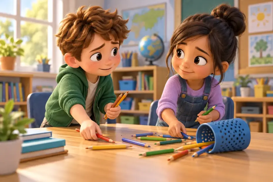 A child helps gather pencils after accidentally knocking over a cup.