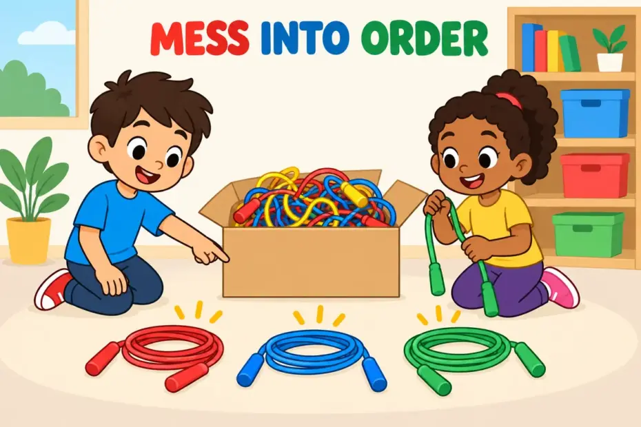 Cartoon children turn a muddled box of skipping ropes into neat labelled piles, showing sort out in a sentence as organising a mess.