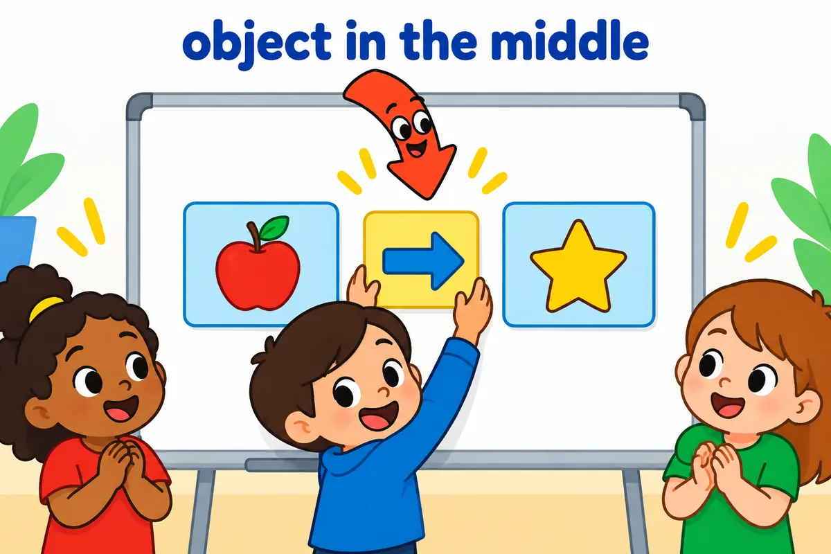 A cartoon child slots a pronoun card between the words sort and out on a magnetic whiteboard.