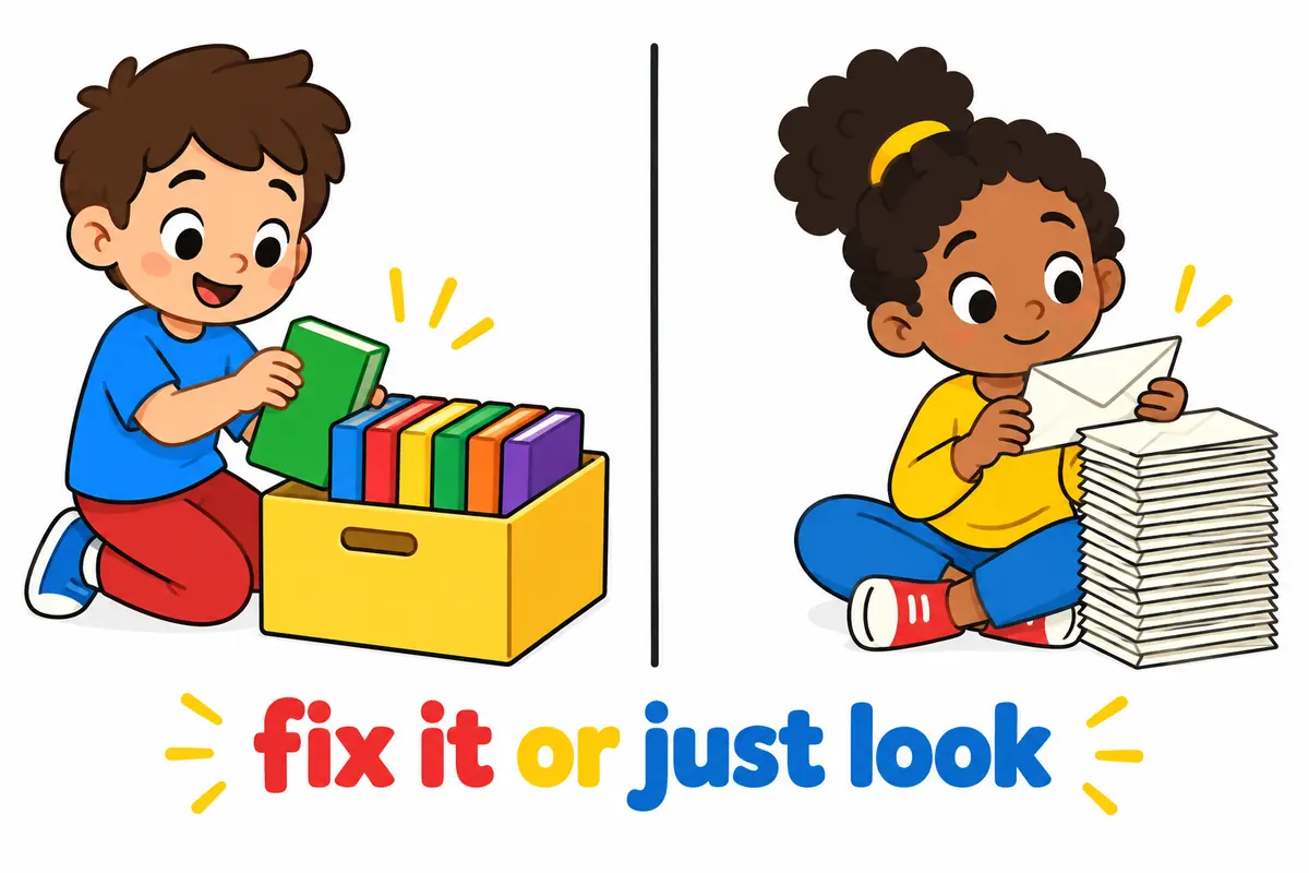 A cartoon shelf shows one child organising a muddled box while another leafs through a stack of letters.