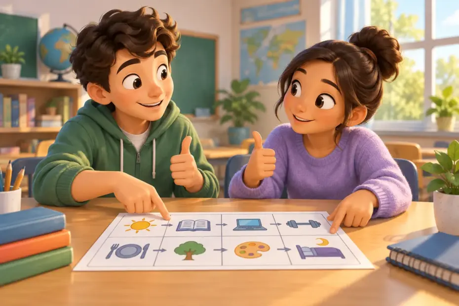 Students agree on a study plan at a classroom table.