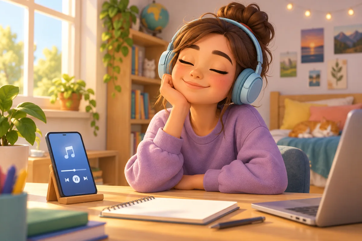 A student enjoys a music recording through headphones.