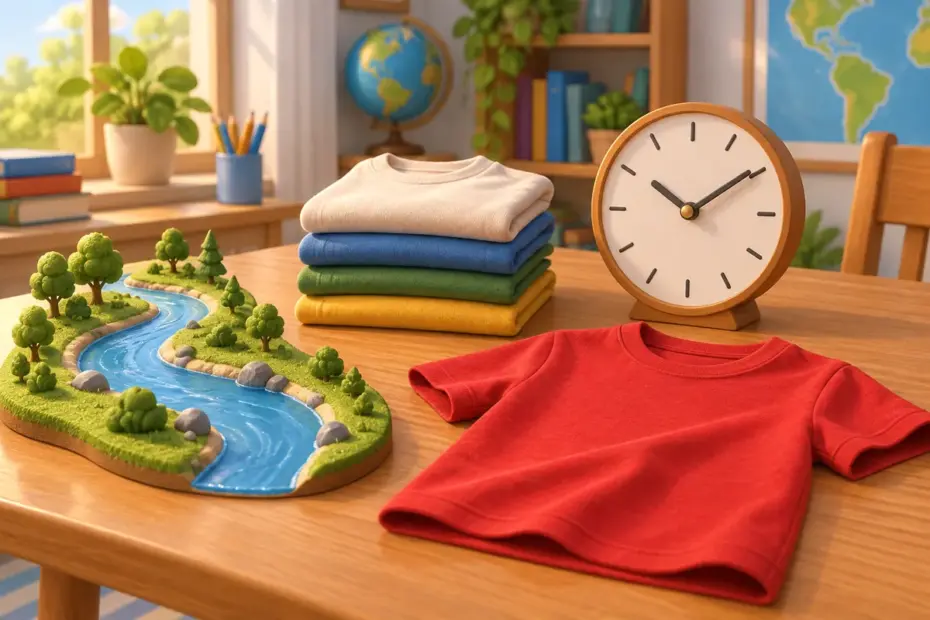 River, clothes, clock, and red shirt illustrate Spanish R vocabulary.