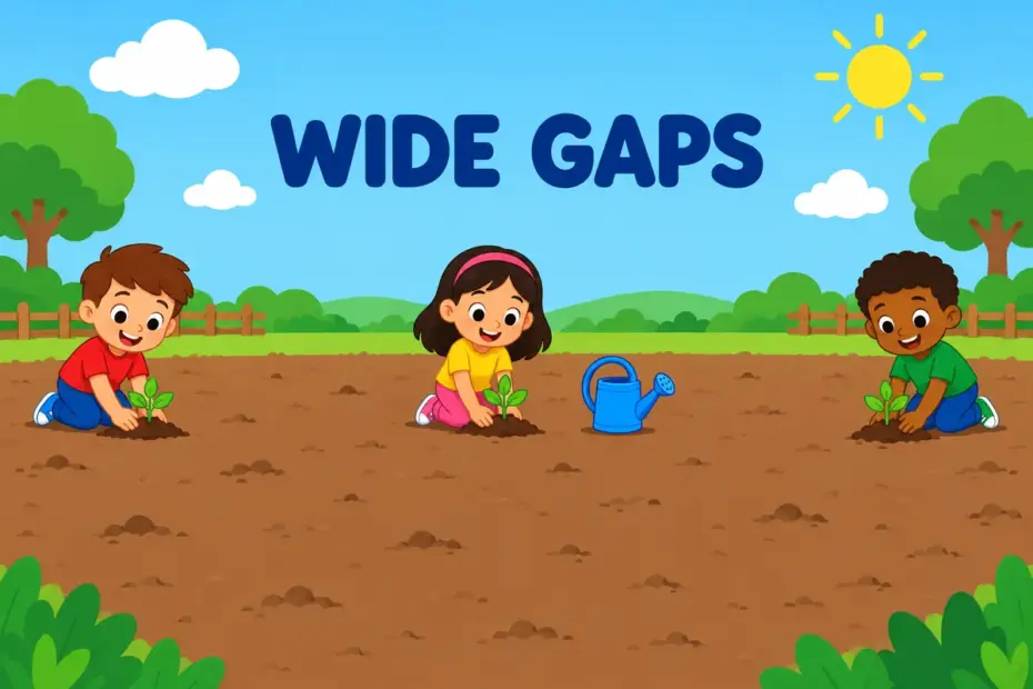 Cartoon children plant a few seedlings far apart across a wide field, showing sparse in a sentence as a thin, spread-out pattern.
