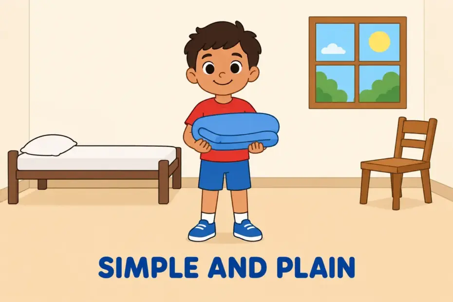 Cartoon child stands in a bare bedroom with a cot and one chair, showing what spartan means in a sentence.