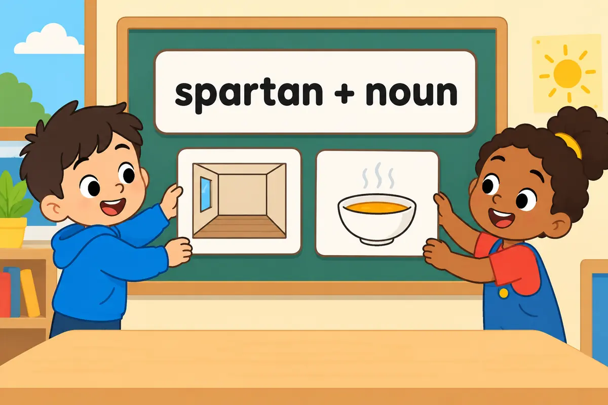 Cartoon children label a bare room and a plain meal as spartan by placing a word card before each noun.