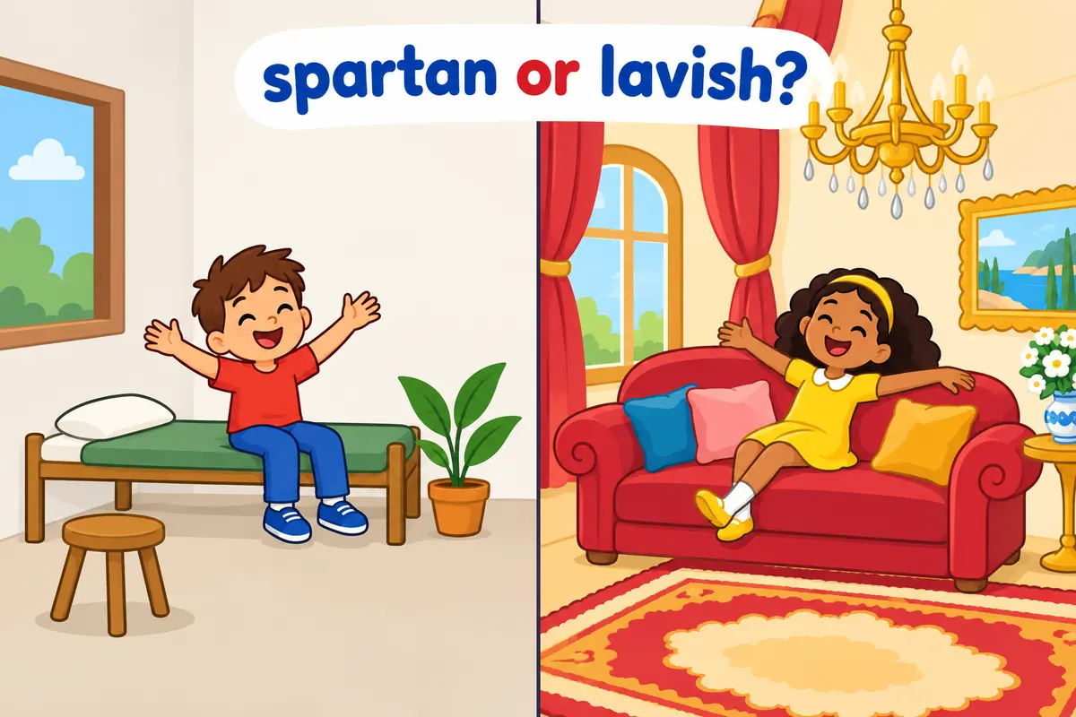 A cartoon split scene contrasts a bare spartan room with a richly decorated luxurious room.