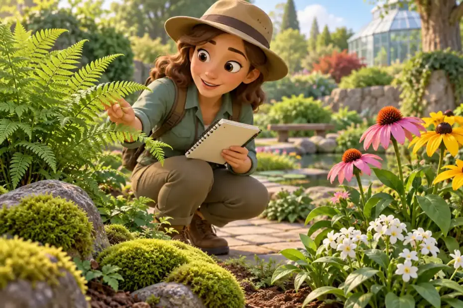 A nature teacher observes different plants in a garden.