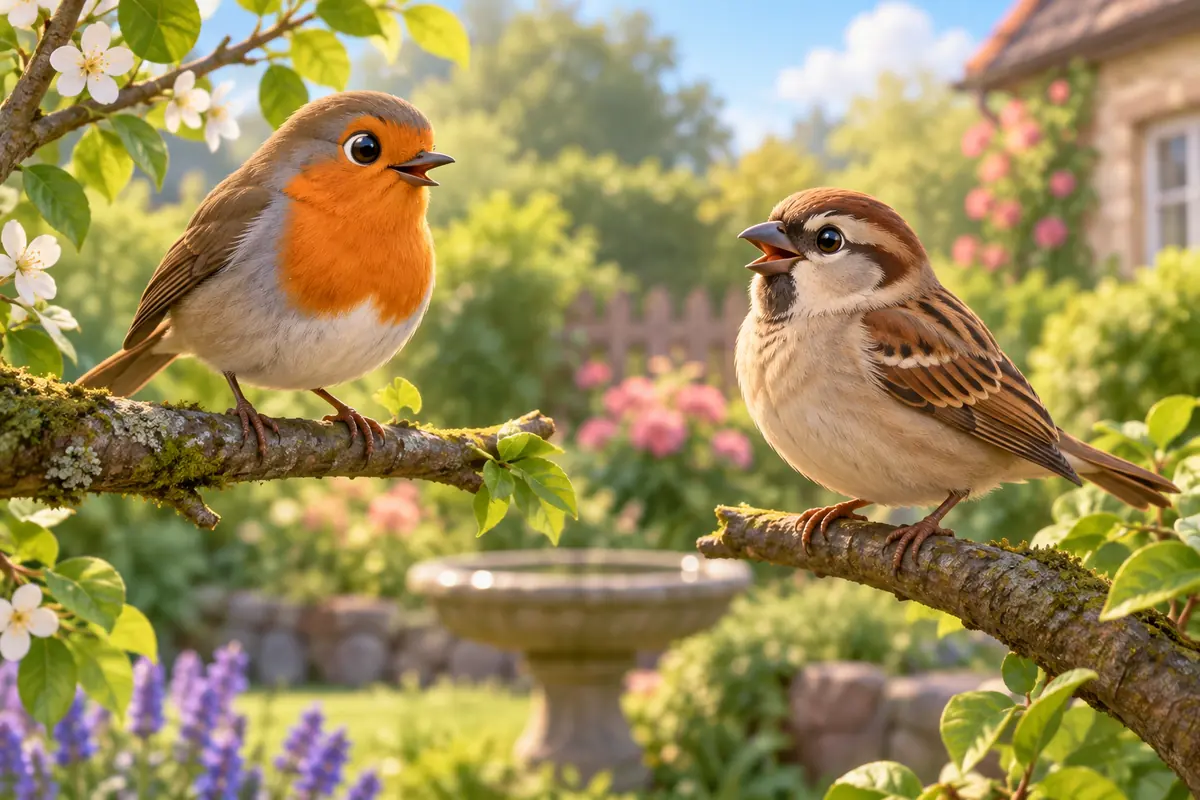 A robin and a sparrow perch on garden branches.