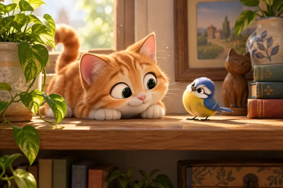Tiny particles float in sunlight above a wooden shelf where a cat and bird sit.