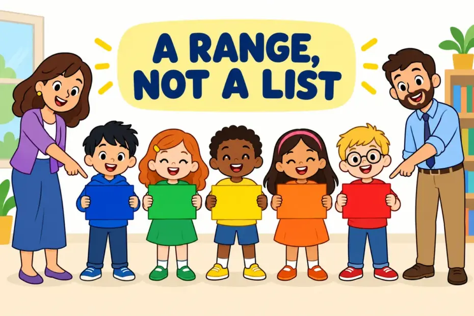Cartoon pupils stand along a colour chart that runs from one end to the other, showing spectrum in a sentence as a graded range.