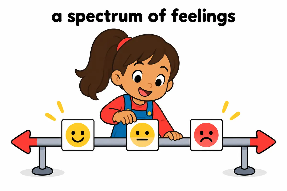 Three cartoon cards showing contrasting opinions arranged along a line illustrate the spectrum of views pattern.