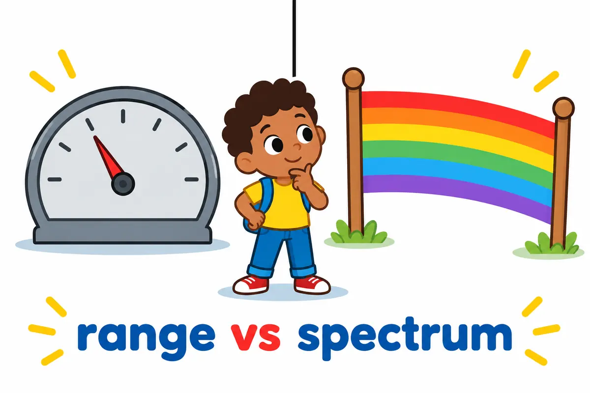 A cartoon contrasts a plain gauge for range with a rainbow band for spectrum to show the difference between the two words.