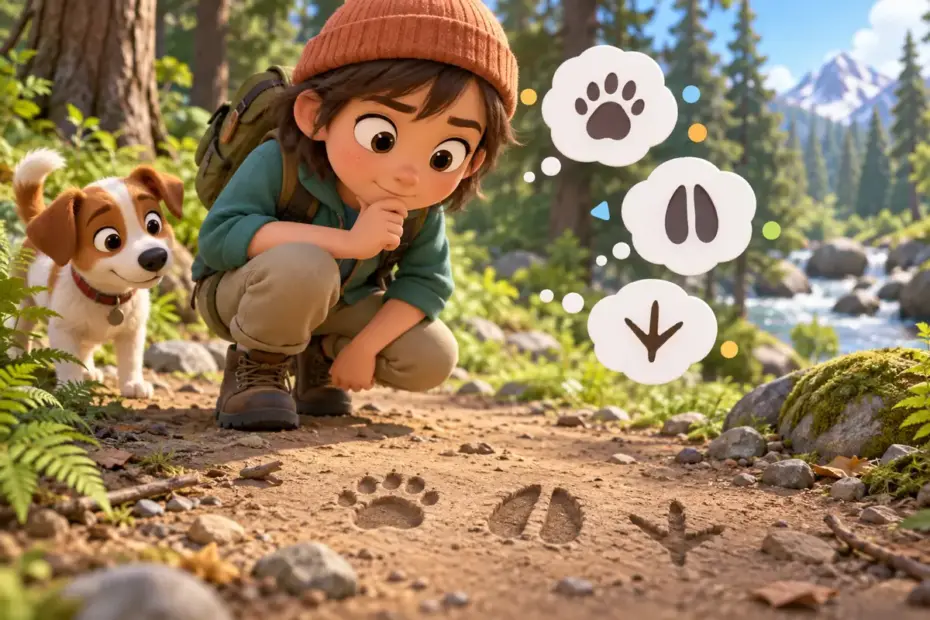 A student considers possible explanations for footprints on a forest path.